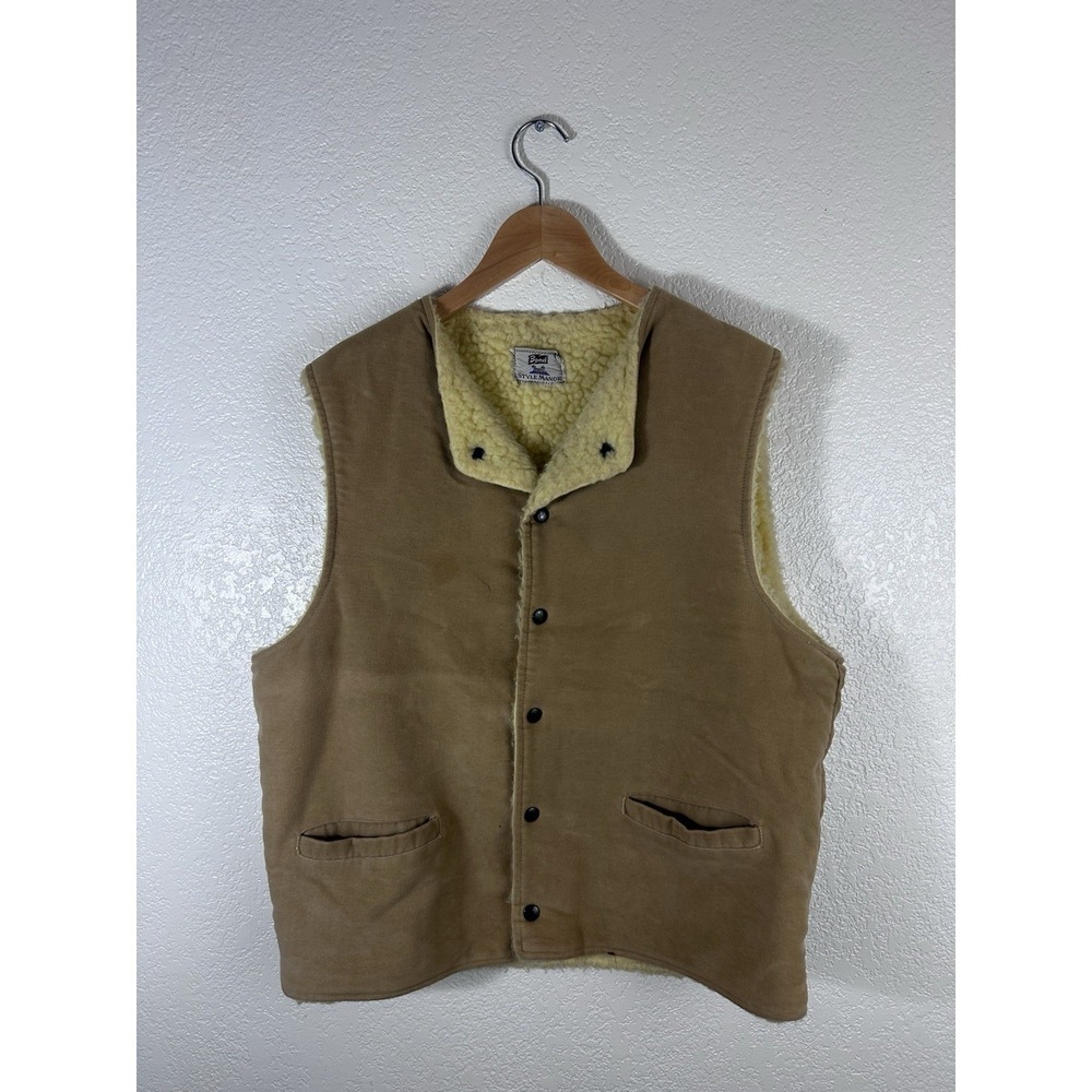 Vintage Bond Style Manor Sherpa Lined Vest Tan Snap Front Work Ranch